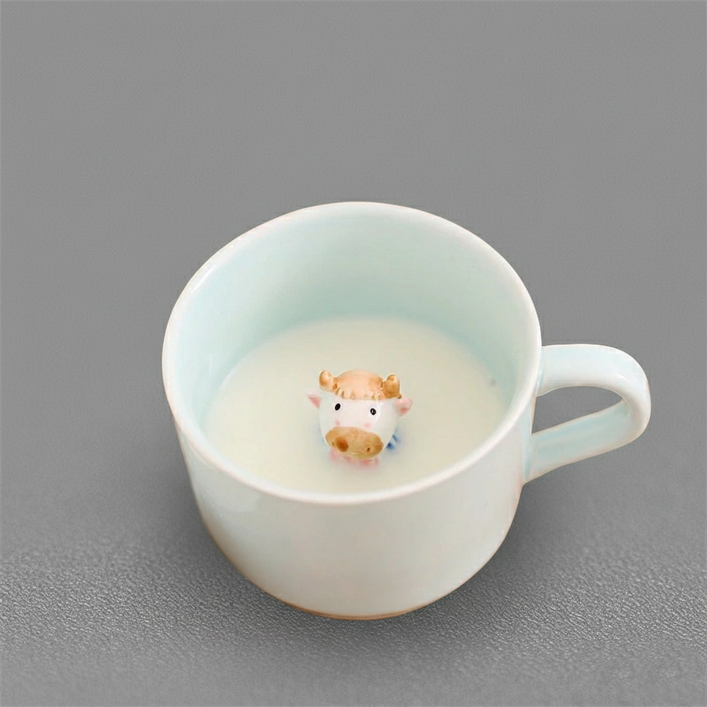 Small cow figurine in a cup of milk on a gray background