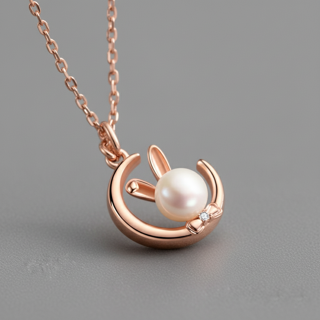 Rose gold necklace with a pearl pendant on a gray background