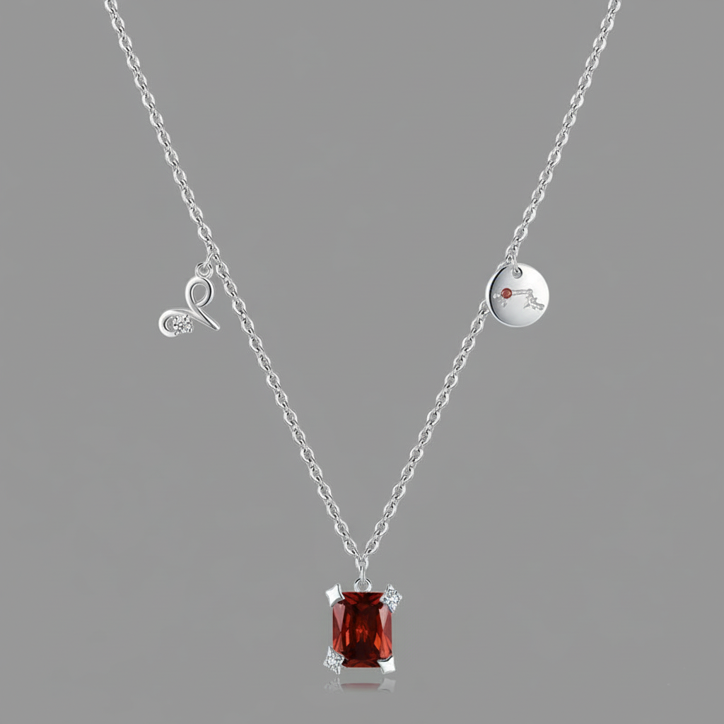 Silver necklace with a red gemstone pendant on a gray background